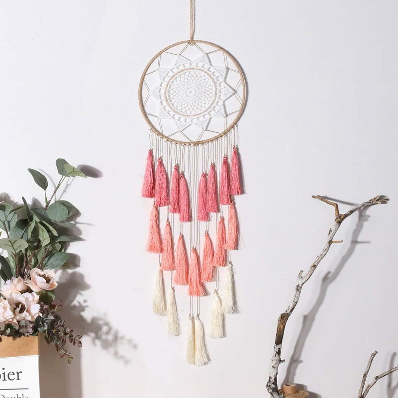 Artilady Macrame Dream Catchers for Bedroom - Tassel Wall Hanging Handmade Dreamcatchers Home Decor with Tassel Feather Ornament Craft Blessing Gift (Pink) - Image 2